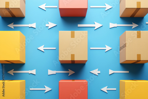 Organized cardboard boxes and arrows represent seamless supply chain network, symbolizing efficient
