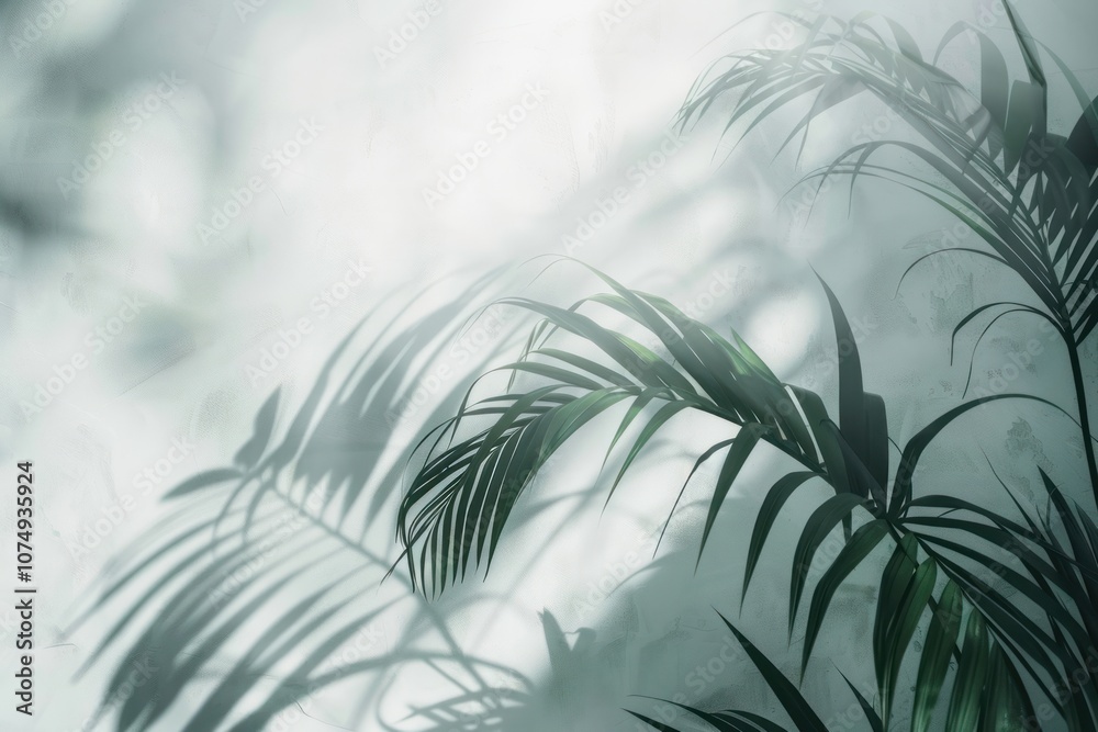 A white wall with green palm leaves and shadows vegetation rainforest outdoors.