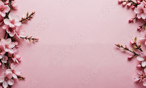 Pink blossoms frame a pale pink background