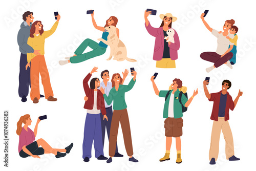 Photos self portraits. People take selfies on smartphones front camera. Smiling young men and women. Friends groups and happy couples. Persons shooting photography. Garish vector set