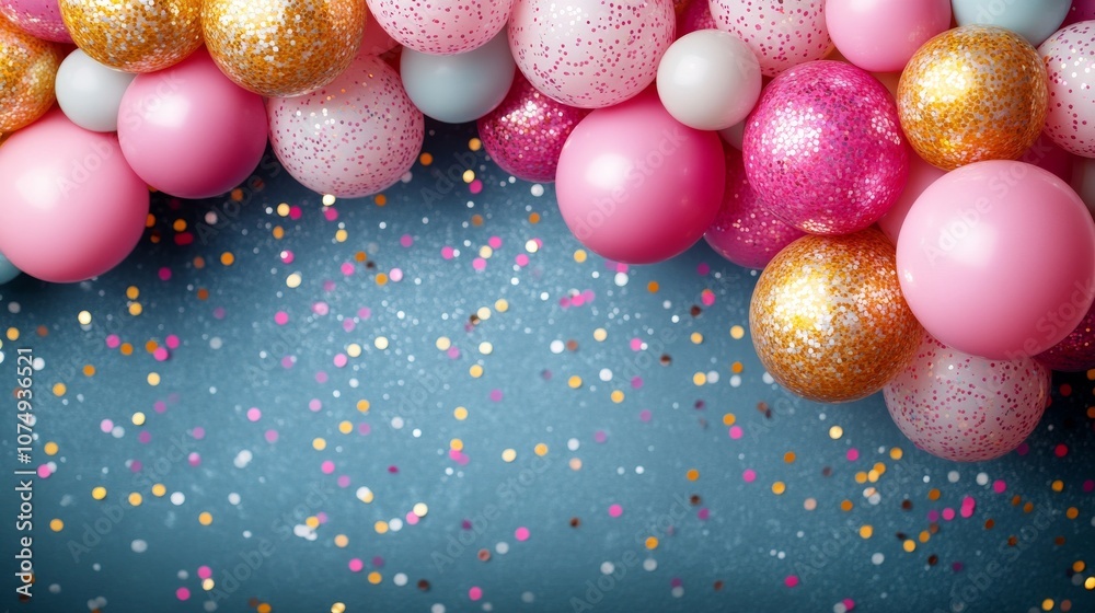 colorful balloons and confetti scattered around the edges. The setting includes blue walls, creating a cheerful atmosphere the festive essence typical of birthday or other special events colorful balloons and confetti scattered around the edges. The setting includes blue walls, creating a cheerful atmosphere the festive essence typical of birthday or other special events