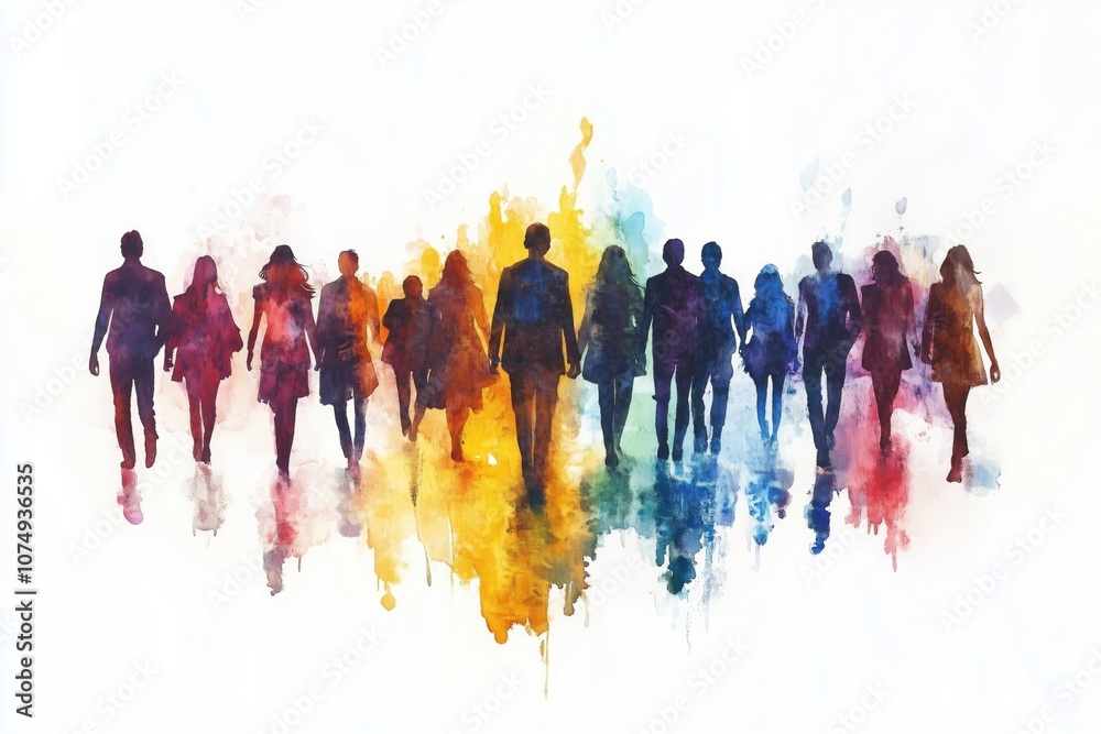 Naklejka premium Silhouettes of diverse people walking together, vibrant colors, watercolor effect