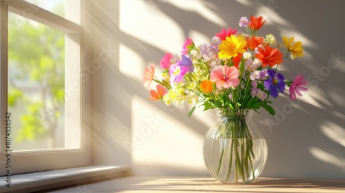 Wallpaper Mural A colorful arrangement of vibrant flowers in a glass vase by a sunlit window on a bright, cheerful morning Torontodigital.ca