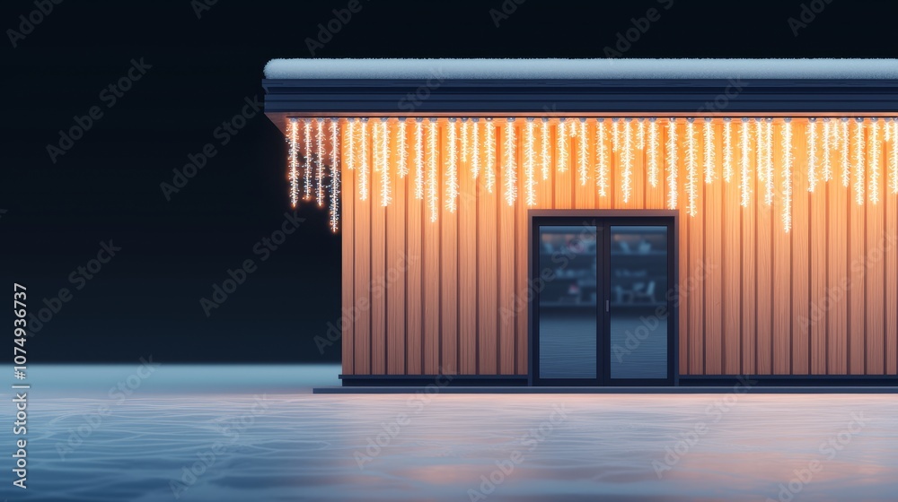 Fototapeta premium Enchanting winter storefront, glowing with icicle lights; a cozy, festive scene
