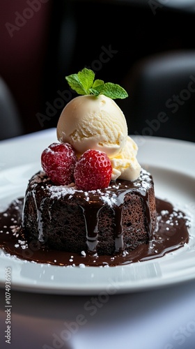 Decadent chocolate lava cake topped with creamy vanilla ice cream, fresh raspberries, and a sprig of mint, served on a white plate. A tempting dessert indulgence. photo