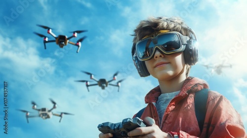 Young boy in goggles controls multiple drones in the sky.