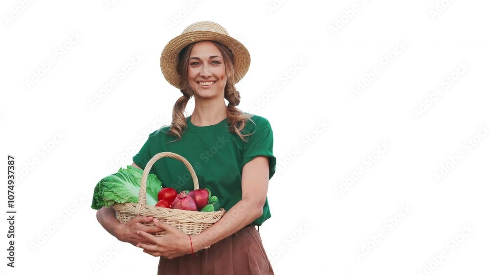 Woman stands with basket filled with vibrant vegetables isolated on white. Her joyful expression and straw hat emphasize the beauty of fresh produce and the connection to sustainable gardening Woman stands with basket filled with vibrant vegetables isolated on white. Her joyful expression and straw hat emphasize the beauty of fresh produce and the connection to sustainable gardening
