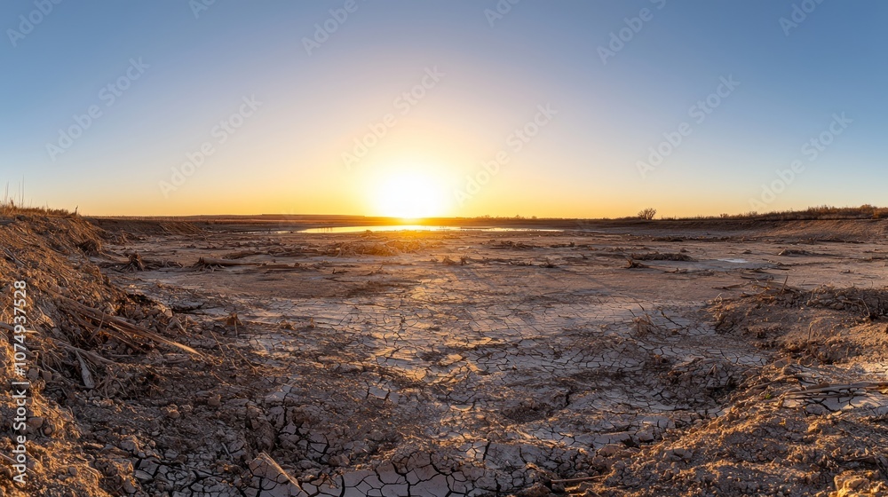 Eerie Beauty of Climate Change: Apocalyptic Sunset over Dehydrated Lake Bed, Symbolizing Drought Devastation. Eerie Beauty of Climate Change: Apocalyptic Sunset over Dehydrated Lake Bed, Symbolizing Drought Devastation.