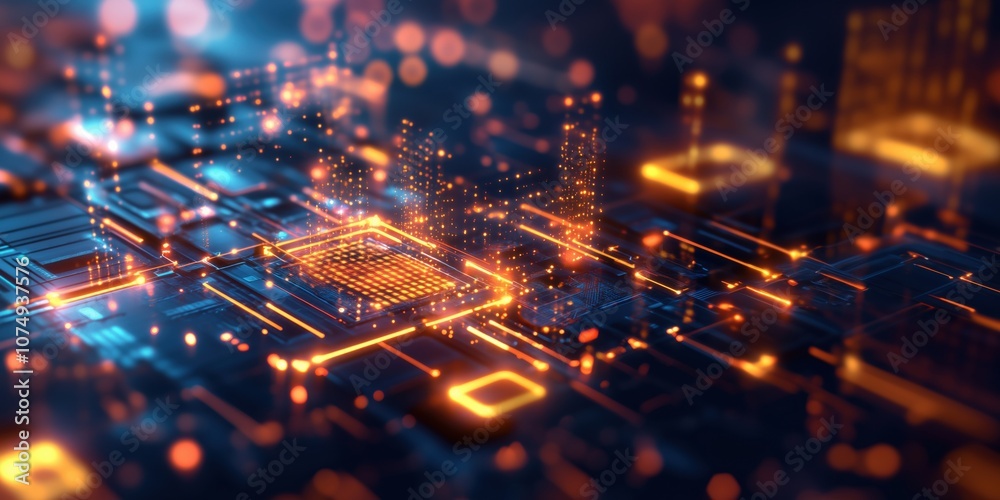 Obraz premium Digital circuit board with glowing elements and data streams
