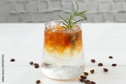 Refreshing espresso tonic drink with rosemary and coffee beans on white wooden table, closeup
