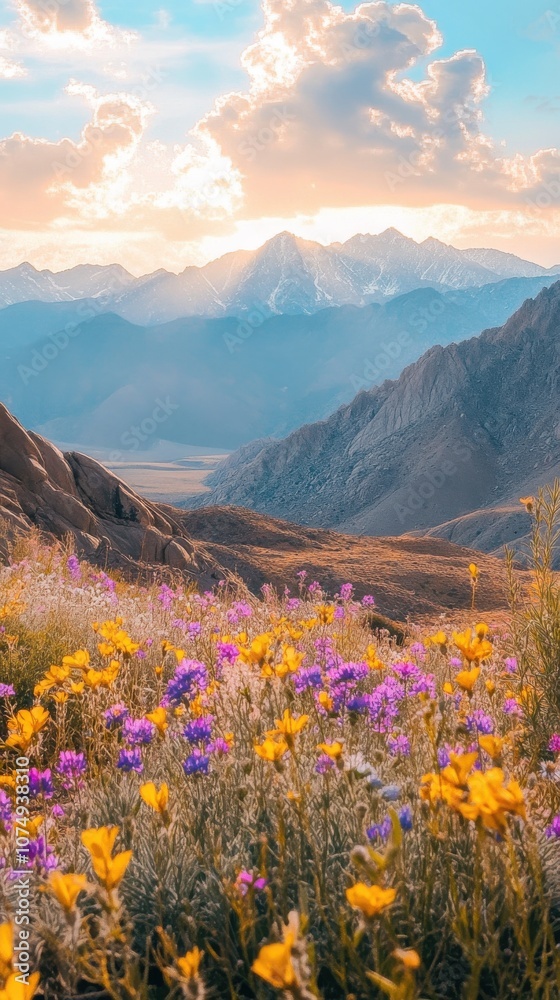A breathtaking spring sunset view over the vibrant wildflowers in Alabama Hills amidst majestic mountain ranges A breathtaking spring sunset view over the vibrant wildflowers in Alabama Hills amidst majestic mountain ranges