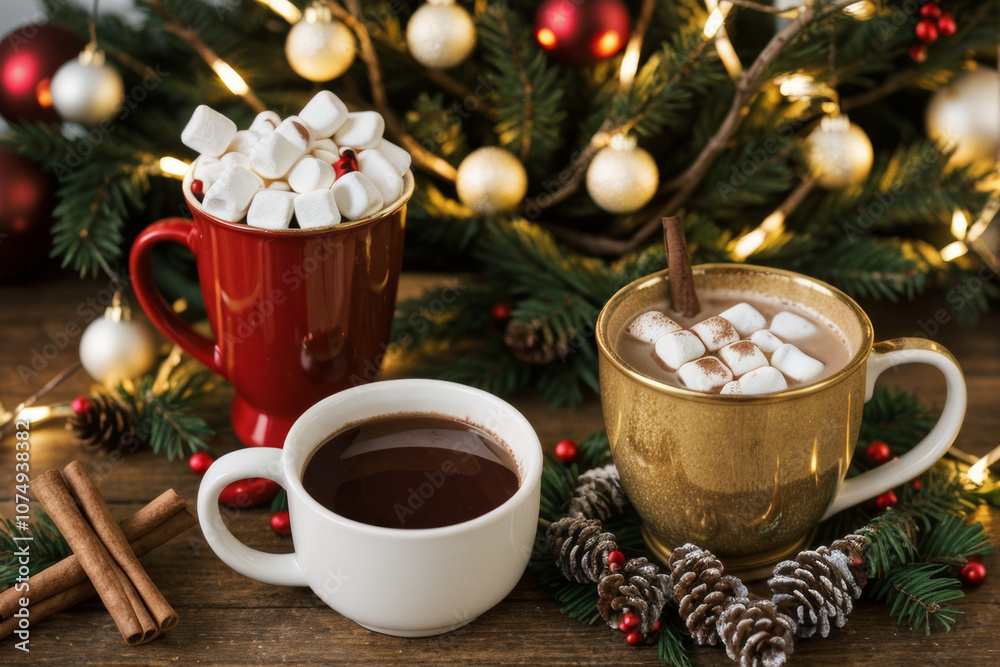 A mugs of hot chocolate with marshmallows, christmas A mugs of hot chocolate with marshmallows, christmas