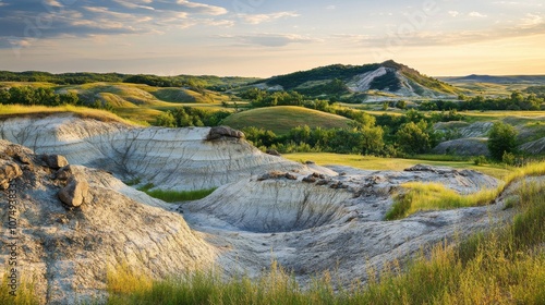 Explore the breathtaking Ashfall Fossil Beds at sunset, showcasing unique geological formations and lush landscapes photo