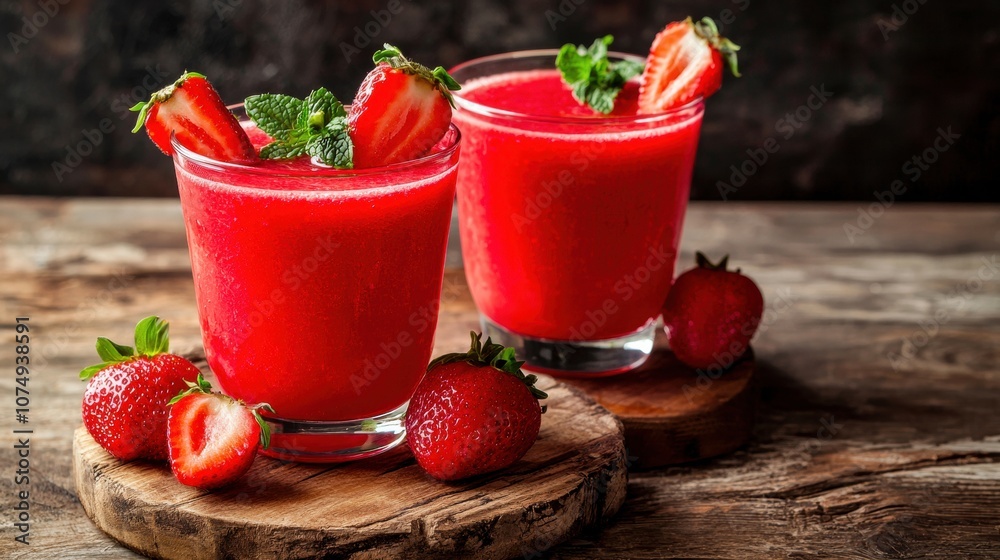Refreshing strawberry drinks garnished with mint, served in clear glasses on a rustic wooden surface, showcasing vibrant colors and a summer vibe. Refreshing strawberry drinks garnished with mint, served in clear glasses on a rustic wooden surface, showcasing vibrant colors and a summer vibe.