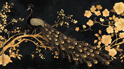 Golden Peacock Perched on Branch with Flowers