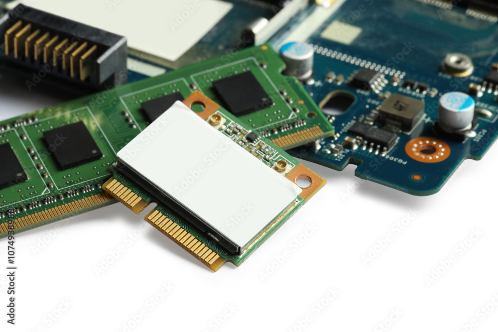 Wi-Fi card, RAM chip and computer circuit board isolated on white. Electronic engineering Wi-Fi card, RAM chip and computer circuit board isolated on white. Electronic engineering