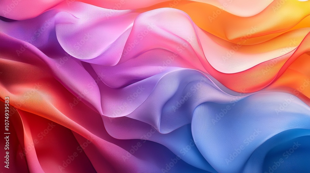 This image features a stunning abstract design with flowing, translucent fabric in a vibrant gradient of colors ranging from warm reds and oranges to cool blues and purples. This image features a stunning abstract design with flowing, translucent fabric in a vibrant gradient of colors ranging from warm reds and oranges to cool blues and purples.