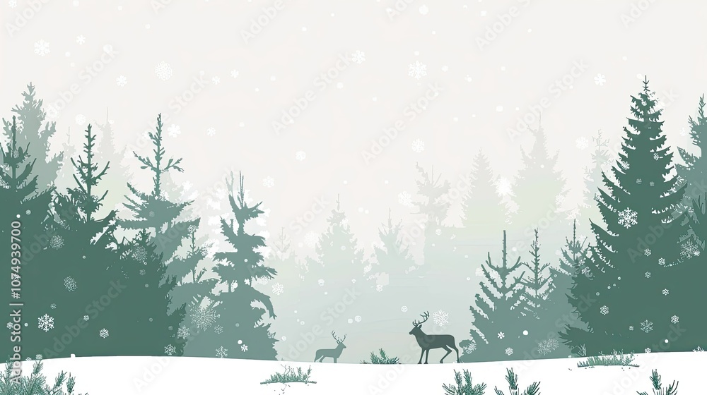 an evergreen forest with snowflakes falling, deer in the distance an evergreen forest with snowflakes falling, deer in the distance