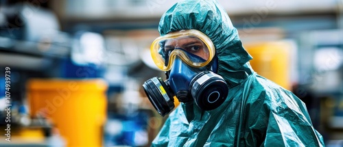 A person wearing a protective suit and mask in an industrial setting, showcasing safety measures in a hazardous environment. photo