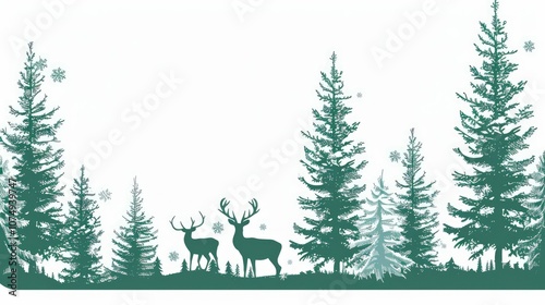 Christmas card background with pine trees and deer