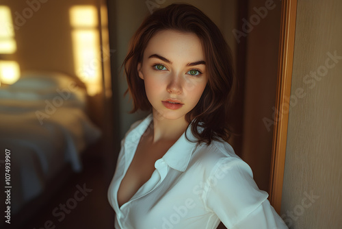 A photograph of a young woman with brown hair and green eyes, Generative AI, It's like a movie scene. photo