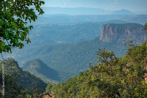 Beautiful view of satpura mountain range, View from Chouragarh Lord Shiva temple, Pachmarhi, Madhya Pradesh, India. photo