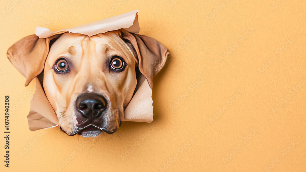 Obraz premium dog’s face peeking through ripped paper against orange background, showcasing its expressive eyes and playful demeanor. This captures moment of curiosity and charm