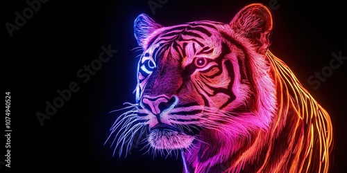 Neon tiger portrait with vibrant colors and glowing outlines photo