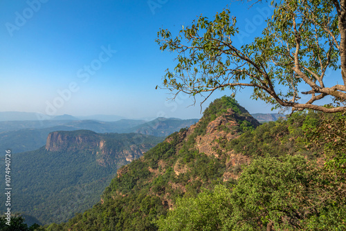 Beautiful view of satpura mountain range, View from Chouragarh Lord Shiva temple, Pachmarhi, Madhya Pradesh, India. photo