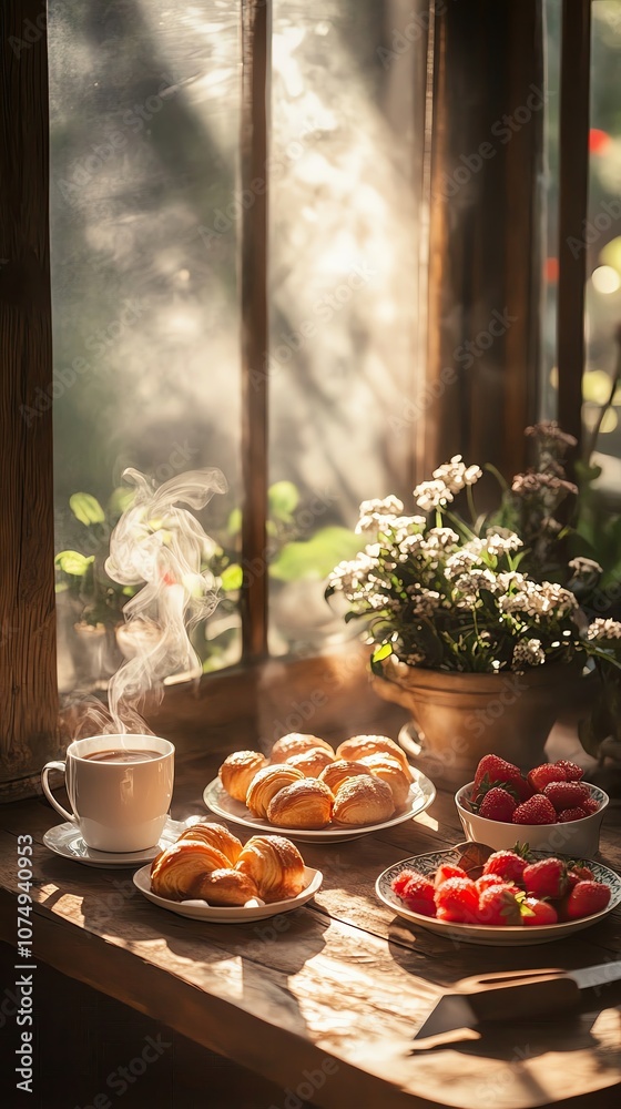 Fototapeta premium Coffee with bread and fruit Cozy breakfast with coffee and pastries.