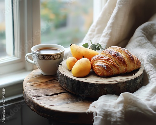 Coffee with bread and fruit Cozy breakfast with croissant and coffee. photo