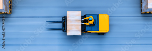 Overhead view of warehouse ,Male warehouse worker pulling a pallet truck , High angle ,Forklift Truck Operator Lifts Pallet with ardboard Box, Logistics, Distribution Center,foremen,manager. photo