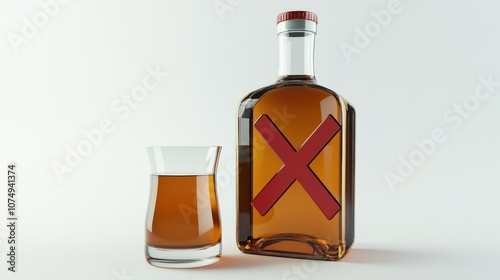 3D alcohol prohibition sign with crossed-out bottle and glass, isolated on white, indicating no alcohol