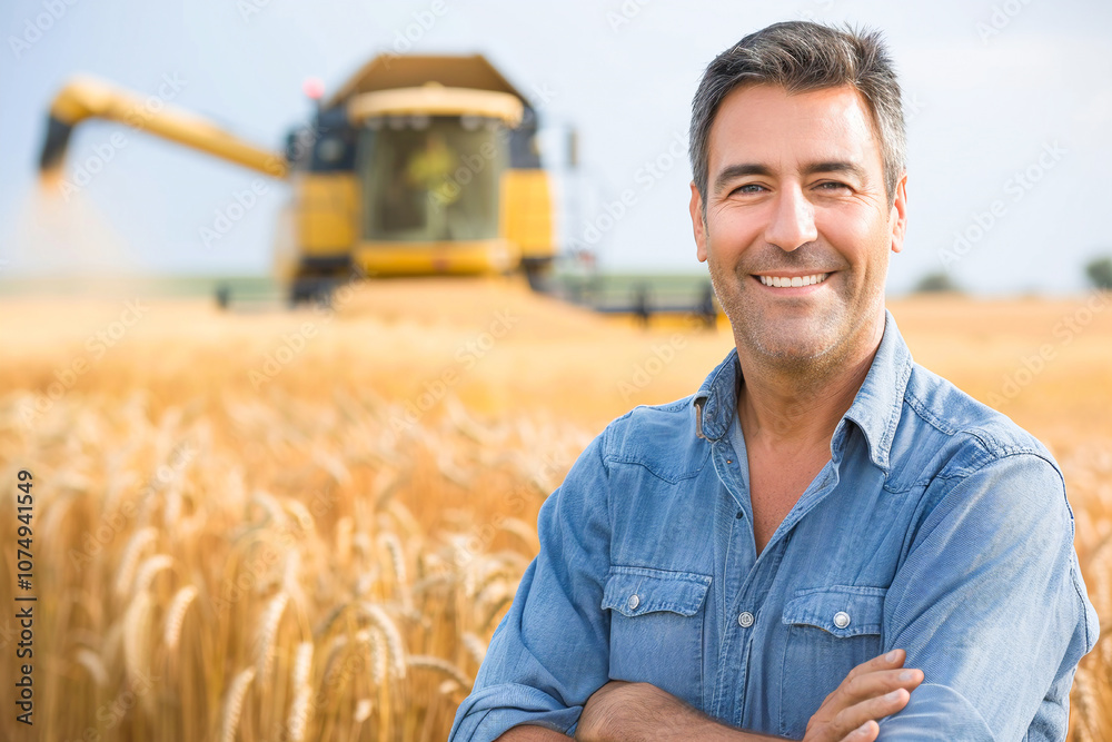 A smiling farmer stands proudly in a wheat field with a combine harvester working in the background.