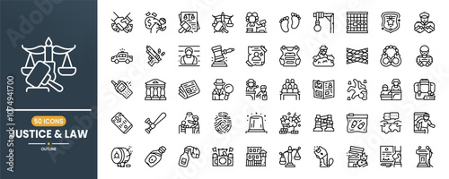 Justice and Law vector line icon set. Contains linear outline icons like Court, Legal, Judge, Crime, Lawyer, Criminal, Prison, Police, Gavel, Verdict, detective, Spy. Editable use and stroke.