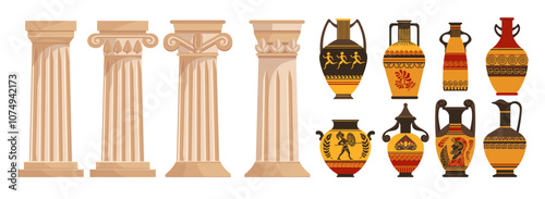 Greek columns and amphorae. Ancient ceramic vases. Marble capitals. Ionic, Doric, Corinthian orders. Antique clay jars. Historical jugs and Athens stone pillars. Splendid vector set