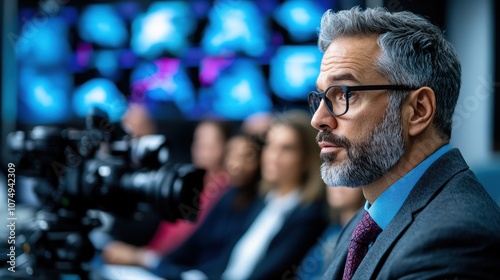 A distinguished professional with glasses and a gray beard attentively listens during a conference, surrounded by screens and cameras that capture the moment elegantly. photo