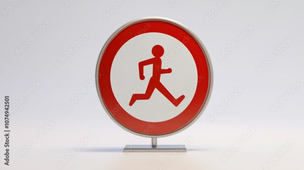 3D prohibition sign with a crossed-out person running, isolated on white background, symbolizing no running 3D prohibition sign with a crossed-out person running, isolated on white background, symbolizing no running