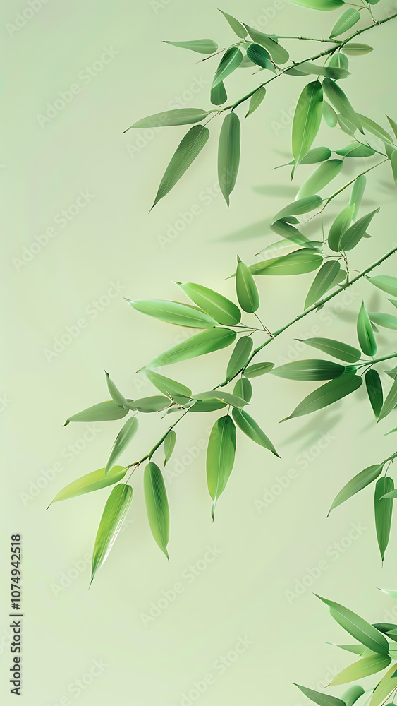 Obraz premium Fresh Bamboo Leaves on Light Background with Soft Shadows