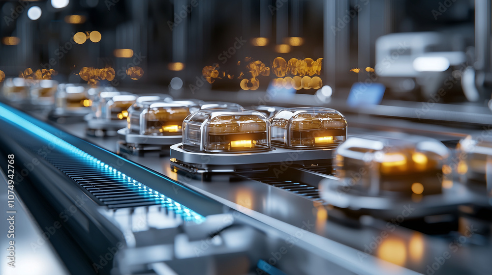 Conveyor Belt Transporting Packaged Items in Close Up Conveyor Belt Transporting Packaged Items in Close Up
