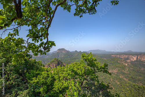 Beautiful view of satpura mountain range, View from Chouragarh Lord Shiva temple, Pachmarhi, Madhya Pradesh, India. photo