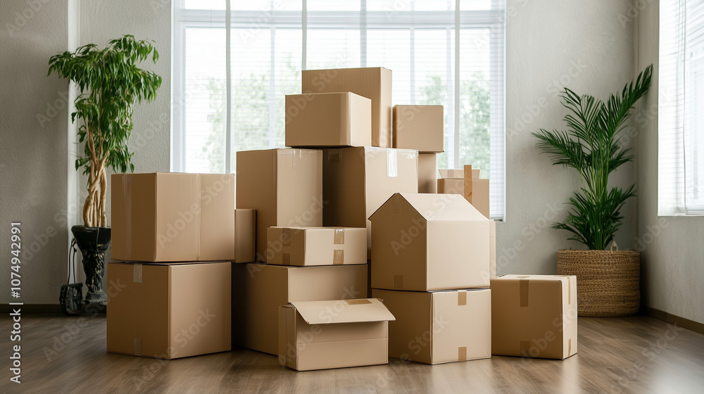 Boxes stacked in an empty room. Moving concept. Boxes stacked in an empty room. Moving concept.