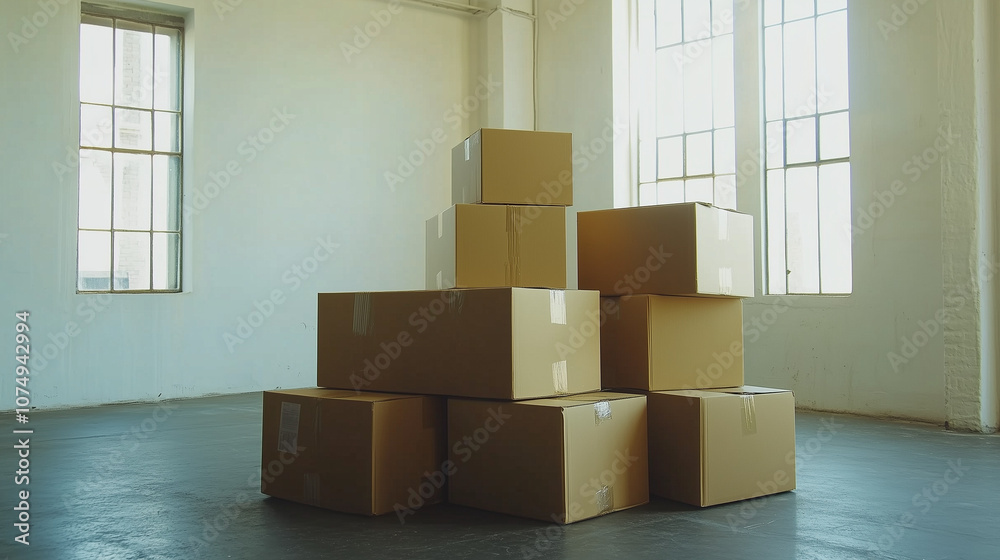 Moving boxes are stacked in an empty room and waiting for movers. Moving concept. Moving boxes are stacked in an empty room and waiting for movers. Moving concept.