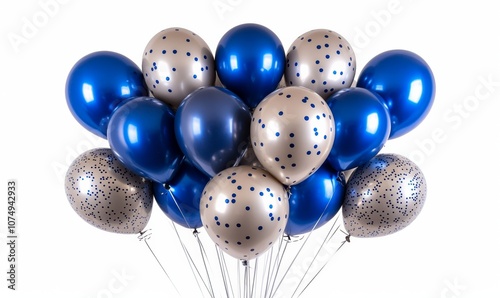 blue and gray balloons paety on white background, high resolution photography, studio lighting photo