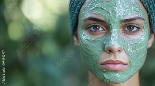 Natural Beauty: Olive-skinned Woman in Organic Face Mask Close-up with Soft Focus Nature Background