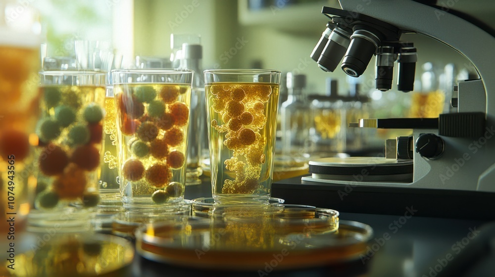 Close-up of biological specimens in test tubes and petri dishes, with microscopes in the background Close-up of biological specimens in test tubes and petri dishes, with microscopes in the background