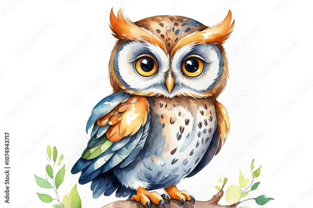 Obraz premium Watercolor cartoon owl on a white background