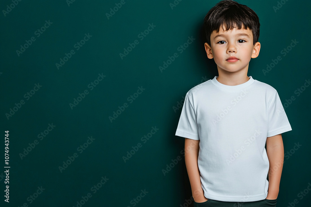 Asian boy with black hair in white t-shirt on green background. Mockup template for brand, print and advertising. Studio shooting of cute little model. Asian boy with black hair in white t-shirt on green background. Mockup template for brand, print and advertising. Studio shooting of cute little model.
