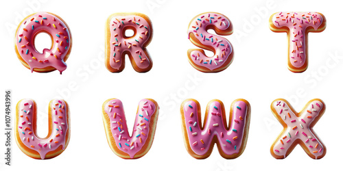 Alphabet Donut Letters Q, R, S, T, U, V, W, X : Pink frosted donuts shaped as letters Q to X with colorful sprinkles photo