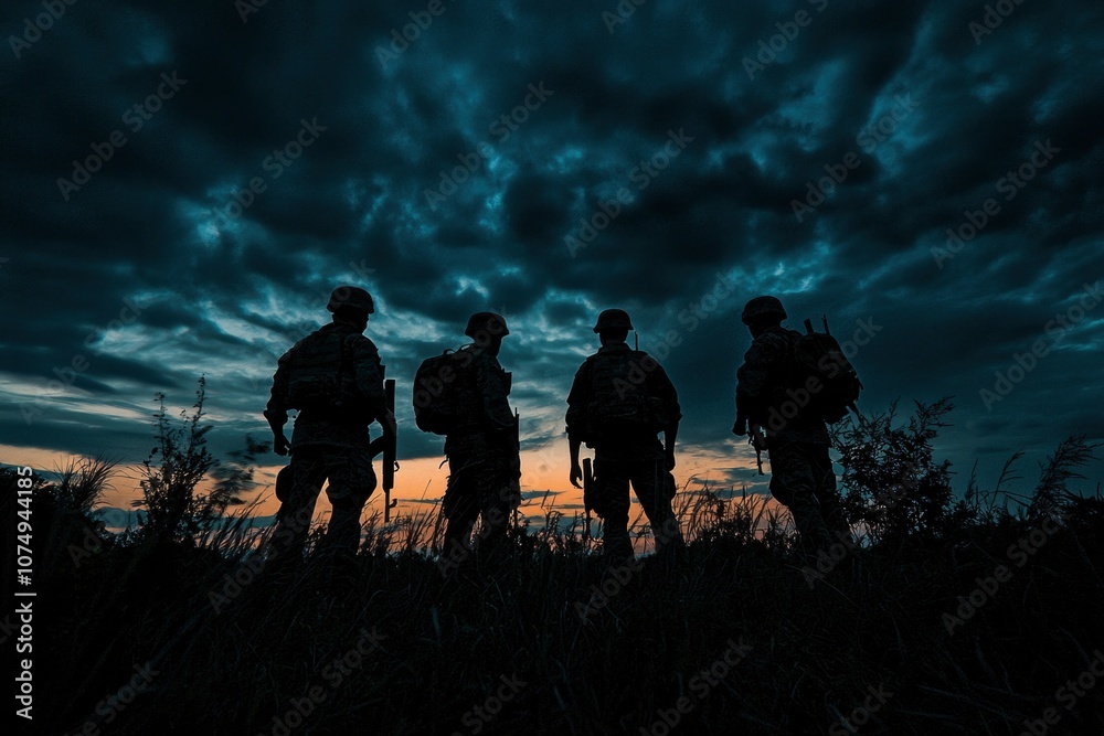 World War Soldiers Silhouette Below Cloudy Skyline At night World War Soldiers Silhouette Below Cloudy Skyline At night